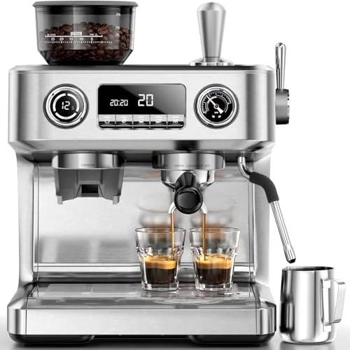 Kismile 20 Bar dual boiler espresso machine with built-in grinder in silver