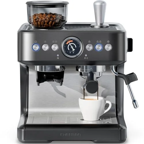 Chefman Crema Deluxe espresso machine with double boiler and built-in coffee grinder