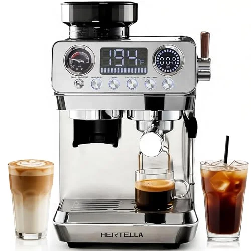 HERTELLA espresso machine with burr grinder, visual pressure gauge and stainless steel housing