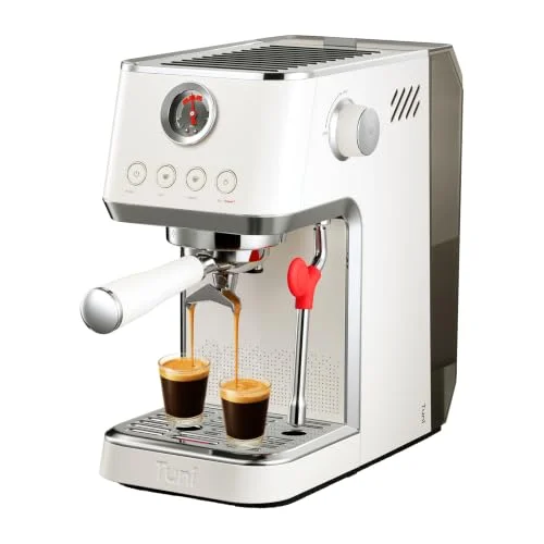 Tuni E2 Gen3 dual boiler espresso machine in ivory with a visible pressure gauge