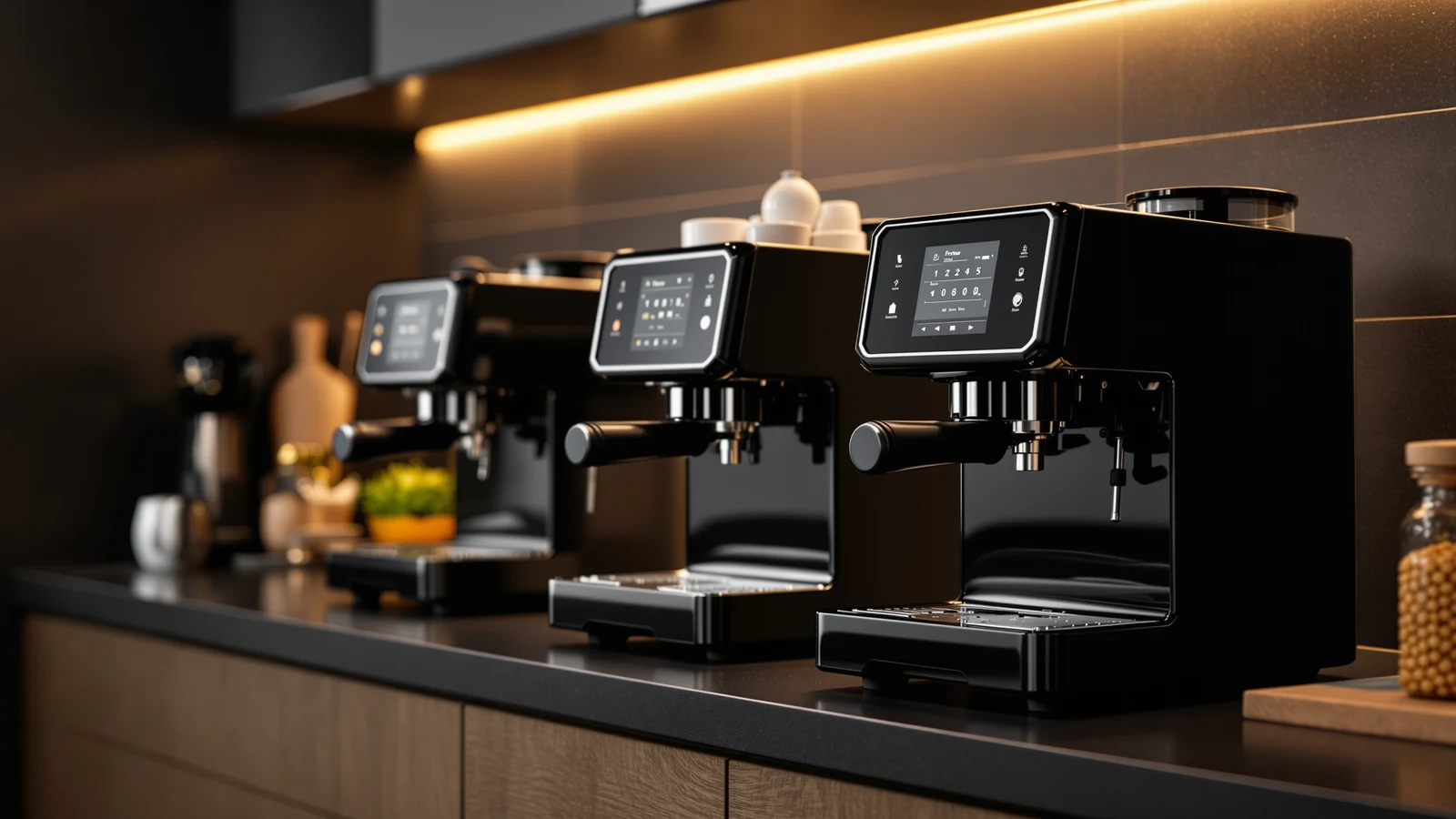 Three AIRMSEN espresso machines side by side, from a touchscreen dual-boiler to a grinder-and-steam-wand model