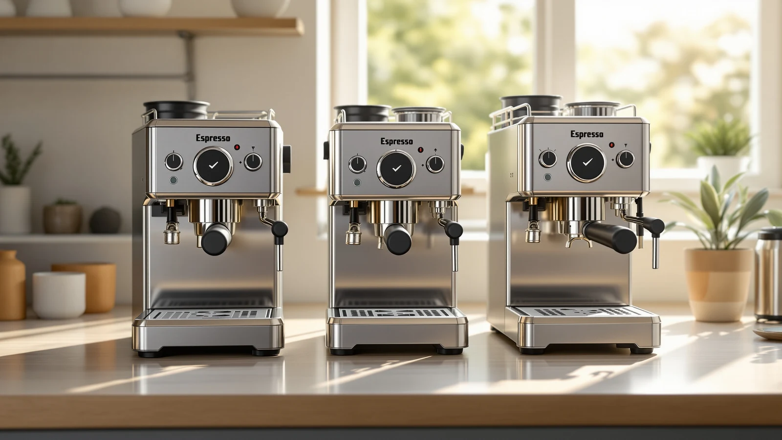 Three AMZCHEF espresso machines side by side, from a basic 20-bar pump model to a dual-boiler machine with an automatic milk frother