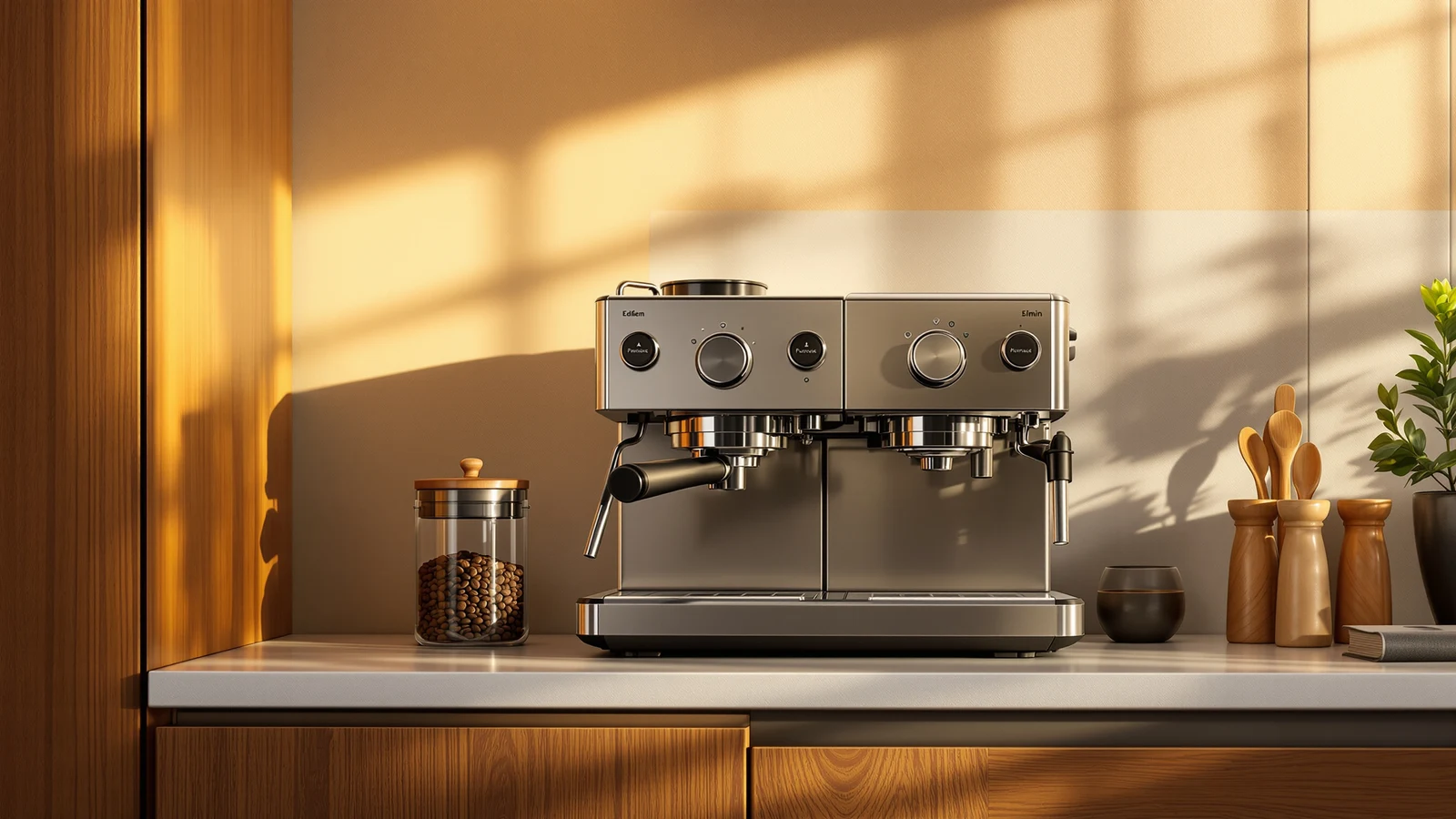 Slim stainless steel espresso machine on a narrow kitchen counter beside a small window
