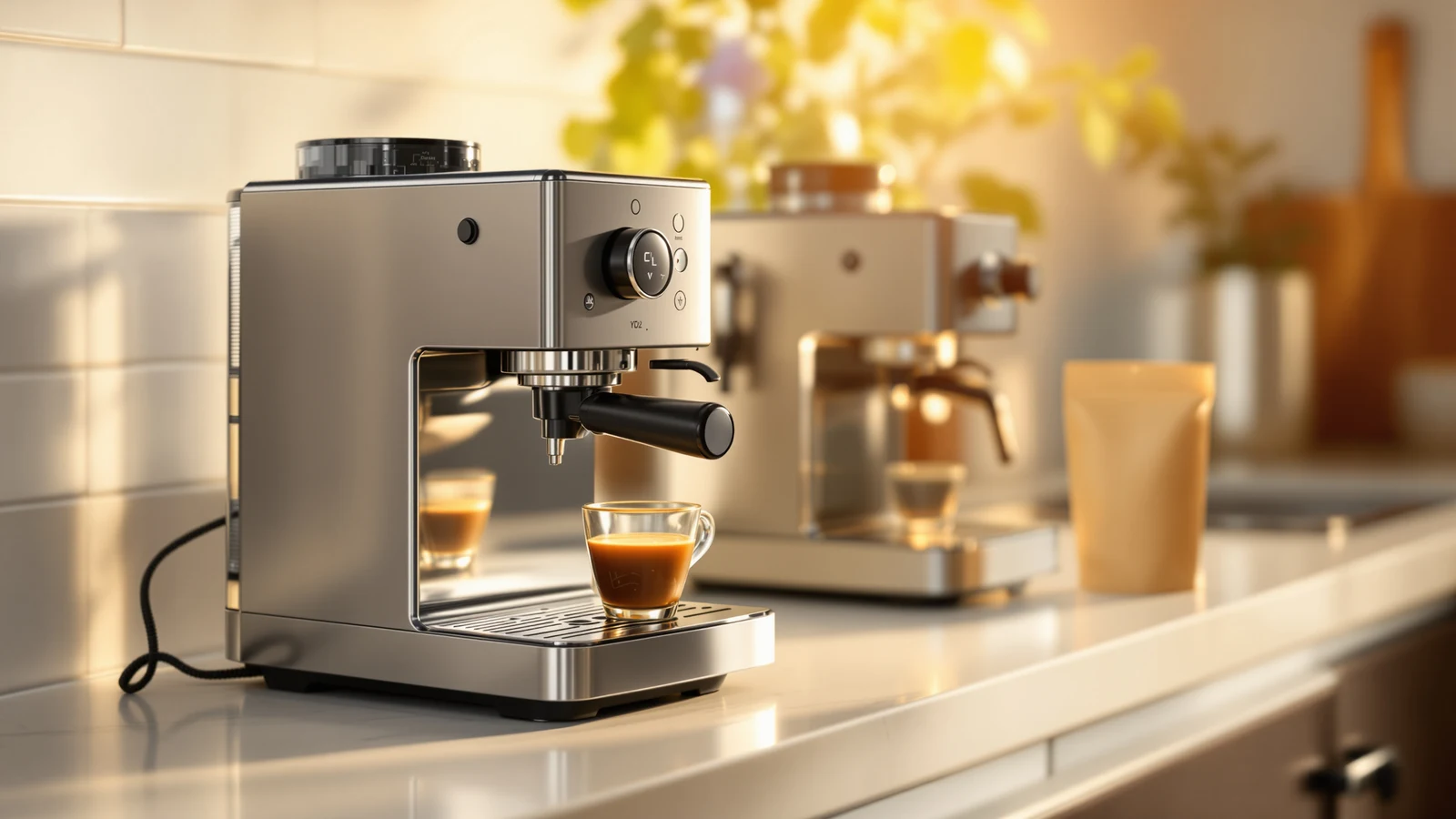 Beginner setting up a compact espresso machine on a home kitchen counter