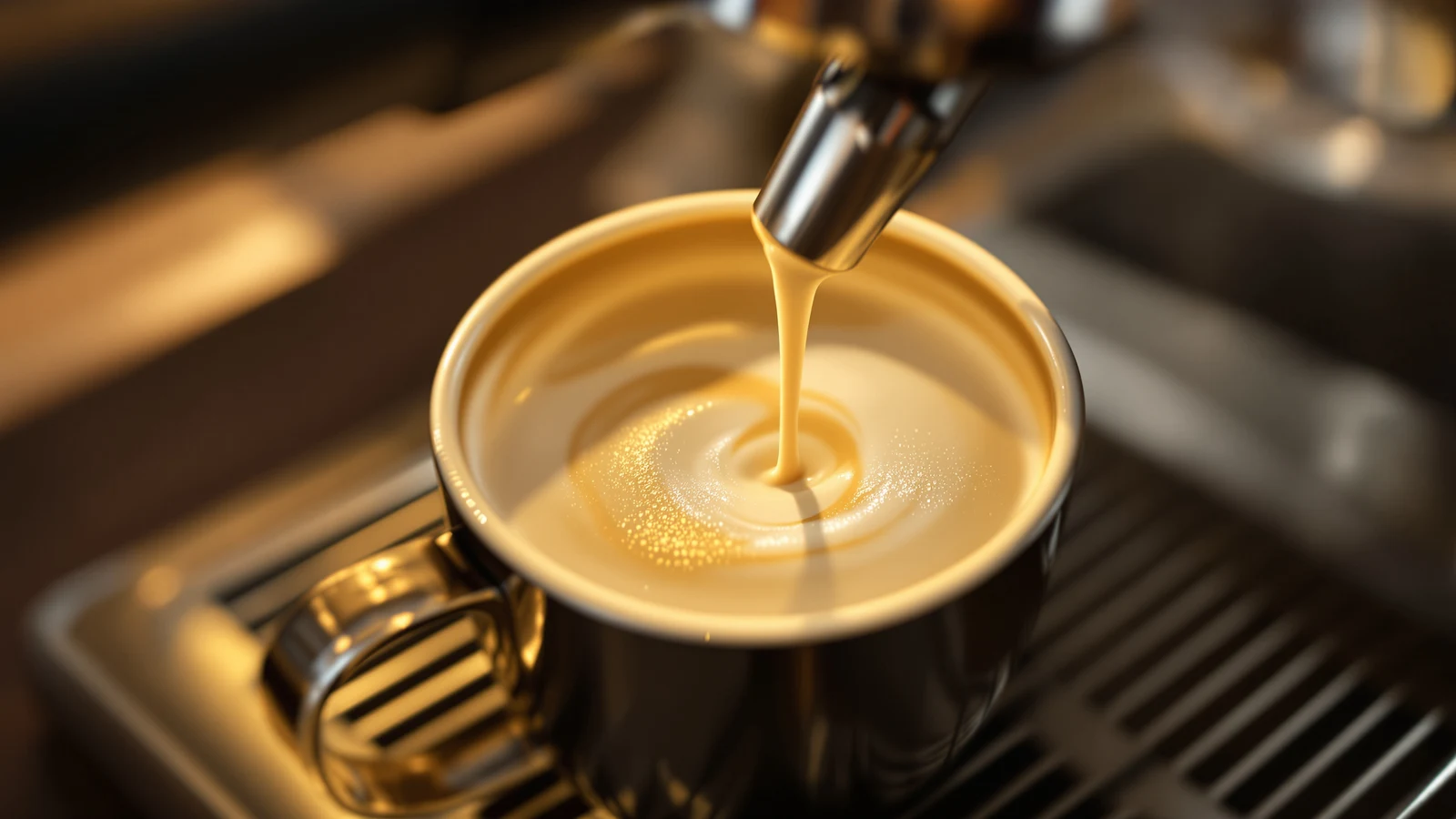 Oat milk being steamed and poured into a latte on an espresso machine drip tray