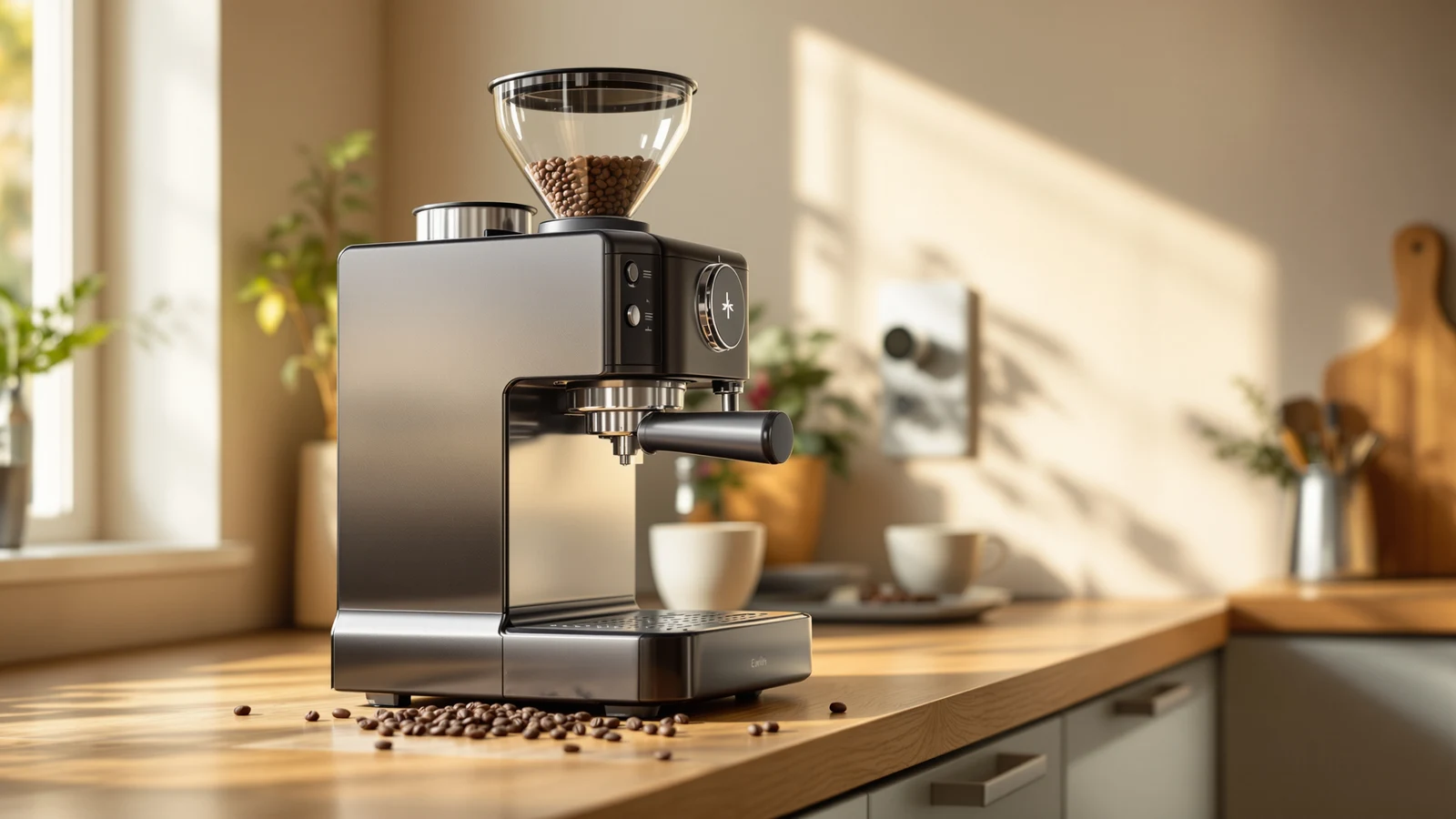 Espresso machine with a built-in bean hopper and burr grinder on a kitchen counter, portafilter waiting beneath the chute
