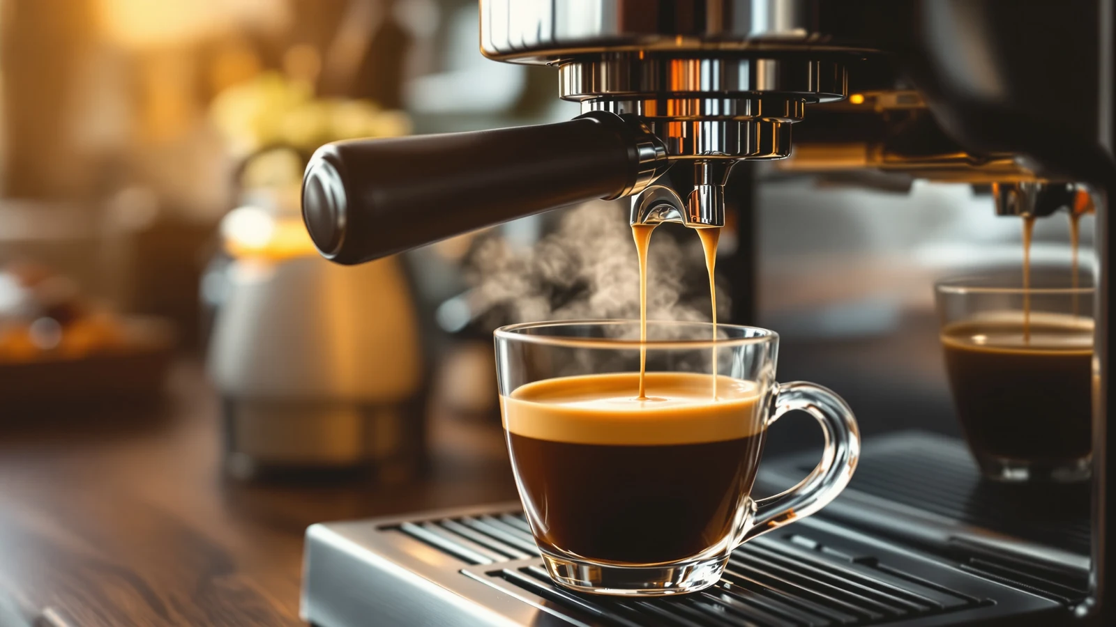 Espresso machine with a steam wand texturing a jug of milk into microfoam beside a cappuccino cup