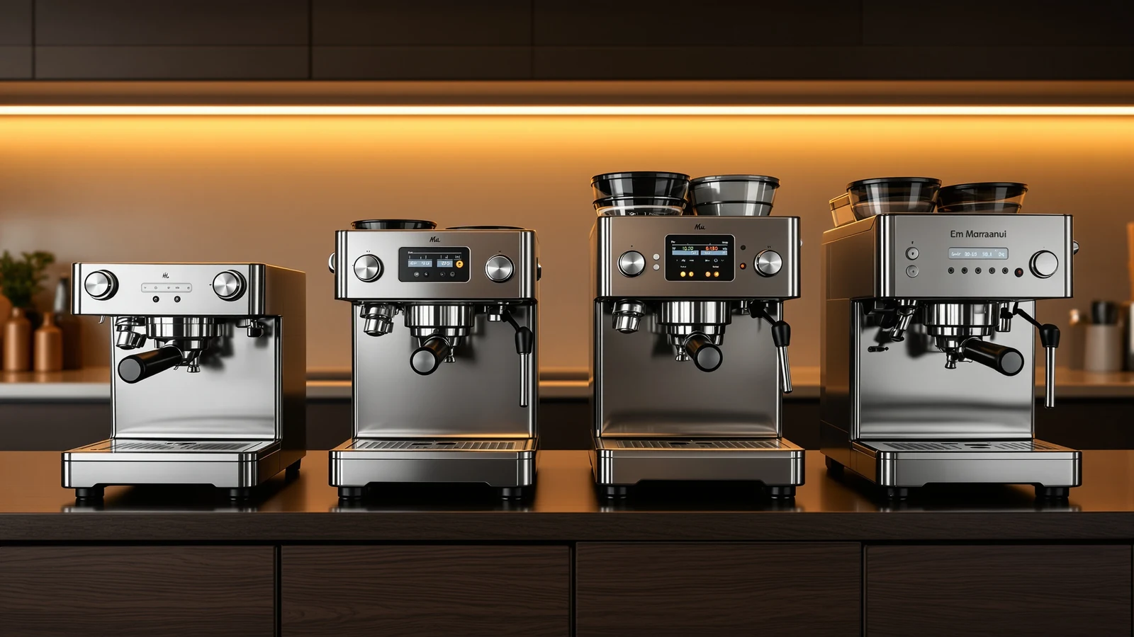 Four Gevi espresso machines side by side, from a basic grinder model to a dual-boiler machine with a 58mm portafilter