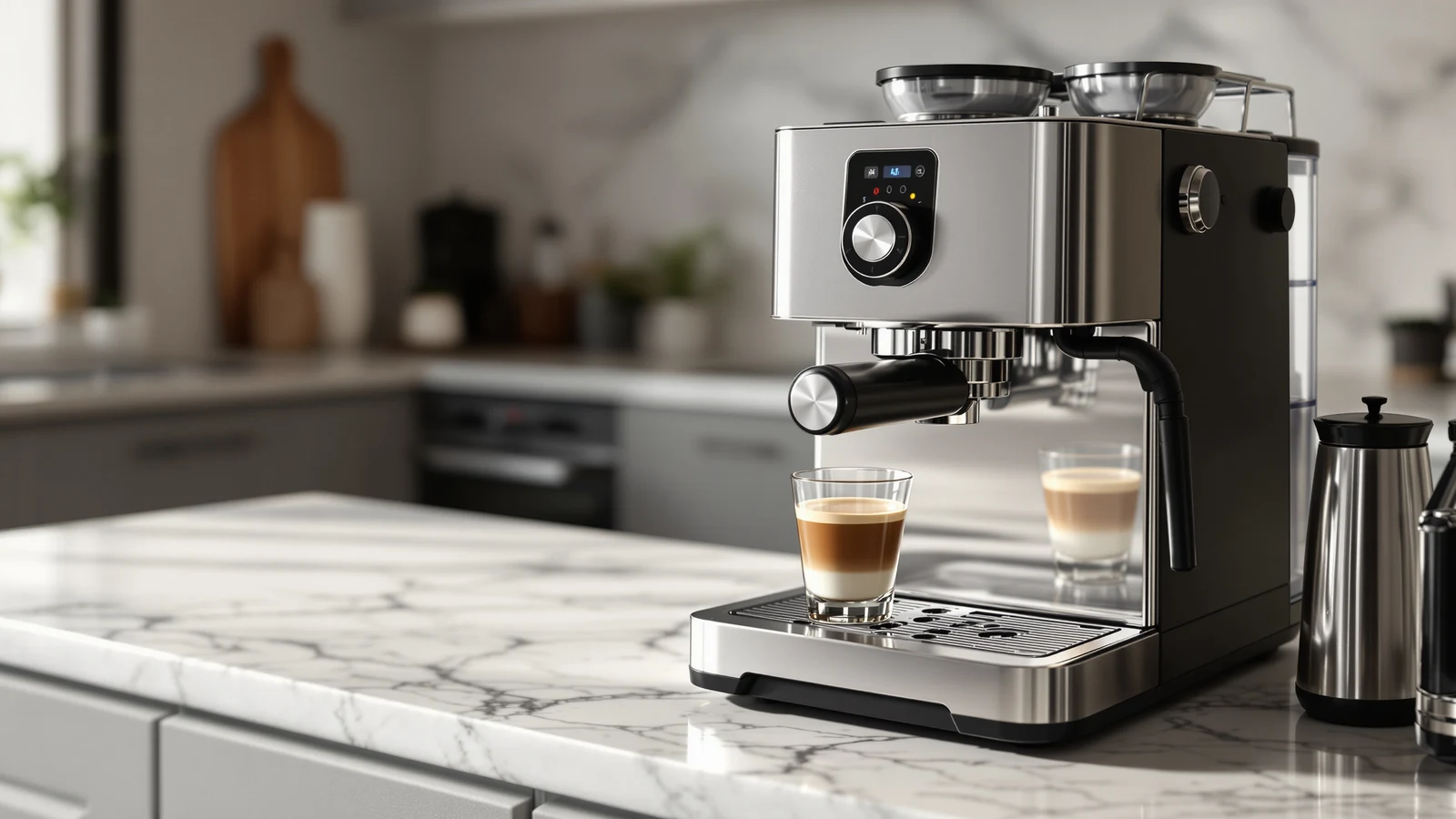 Super-automatic espresso machine on a kitchen counter dispensing a milk-based espresso drink into a cup at the touch of a button