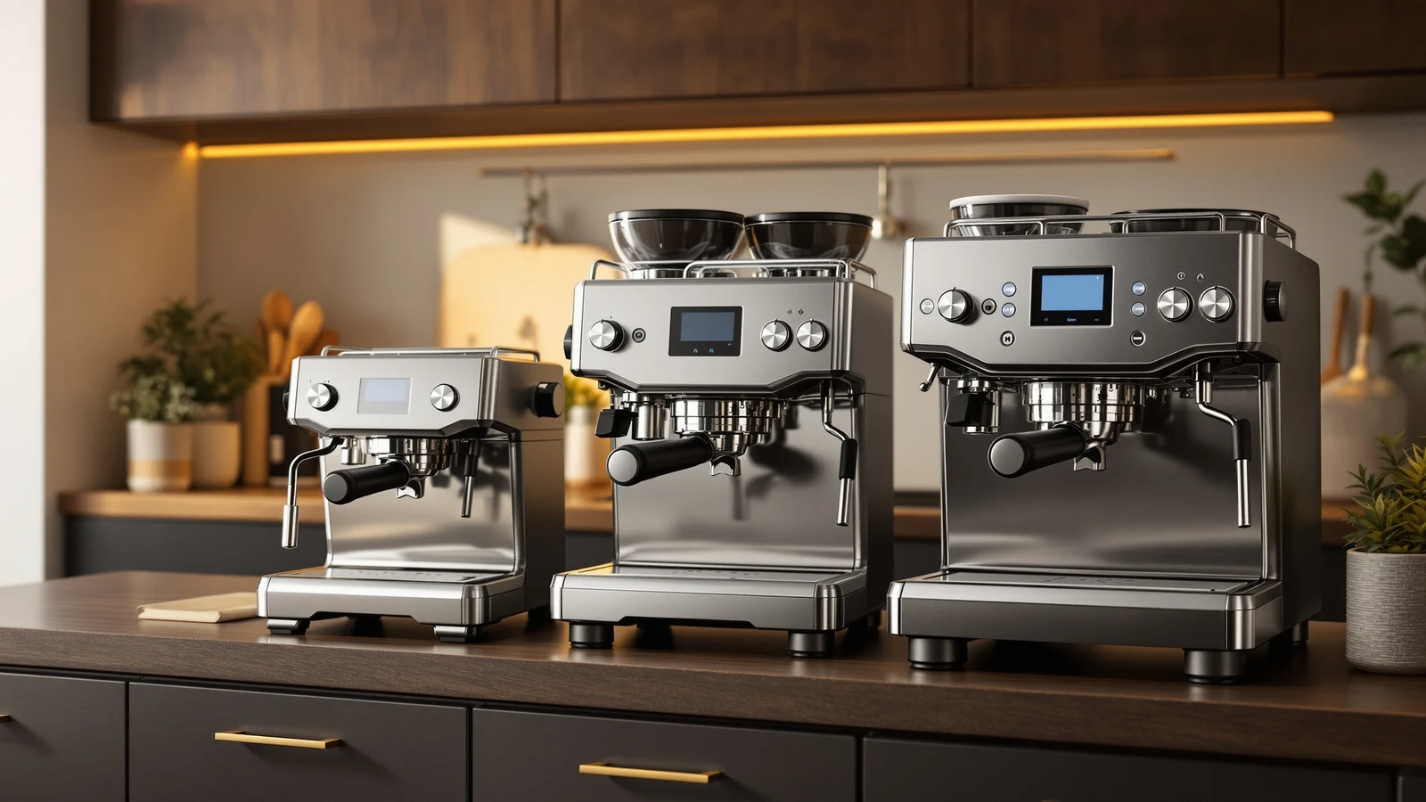 Breville Barista Express, Barista Pro and Barista Touch espresso machines lined up on a kitchen counter