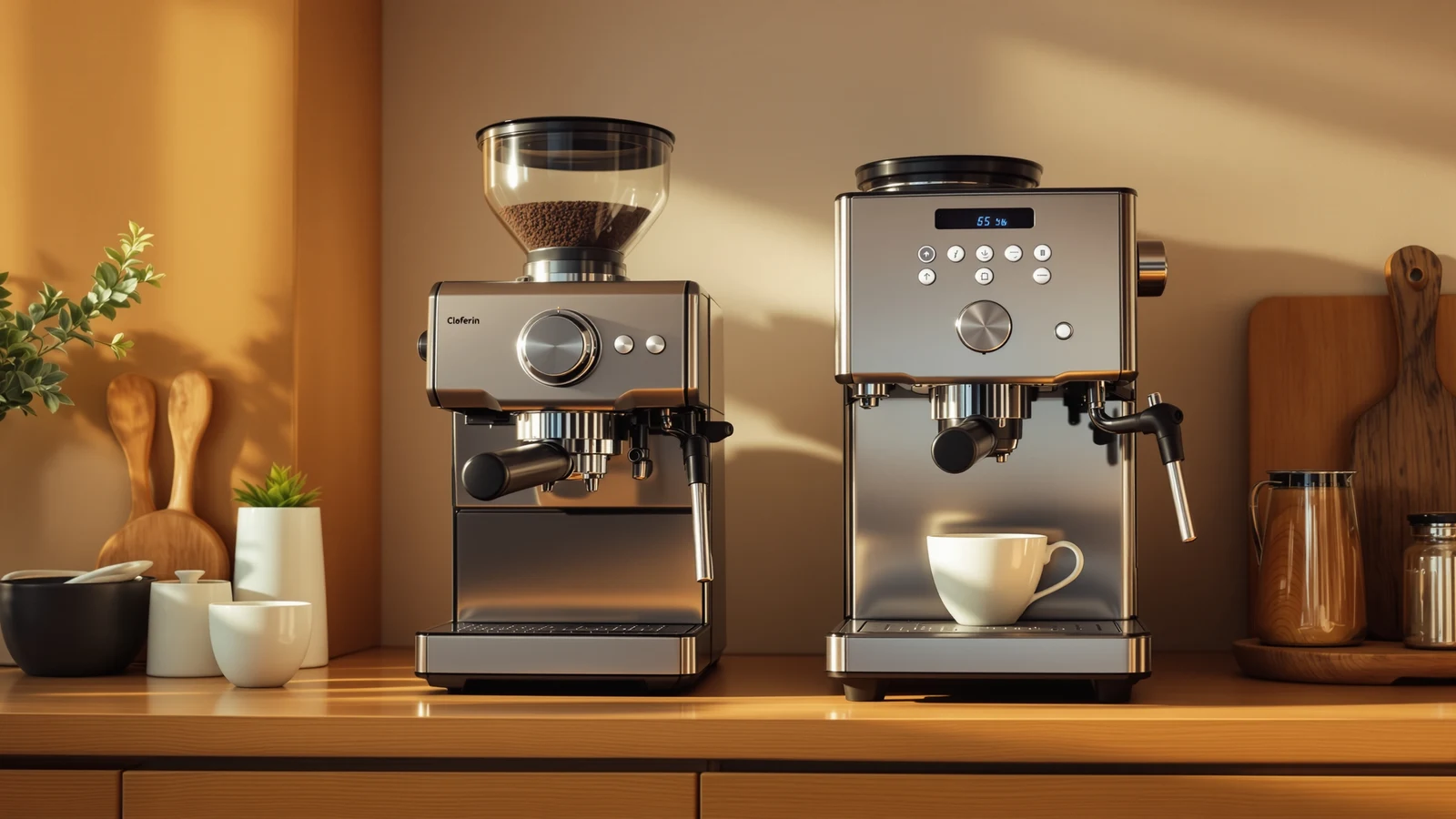 De'Longhi La Specialista Arte Evo semi-automatic espresso machine with built-in grinder beside a De'Longhi Magnifica Evo super-automatic machine
