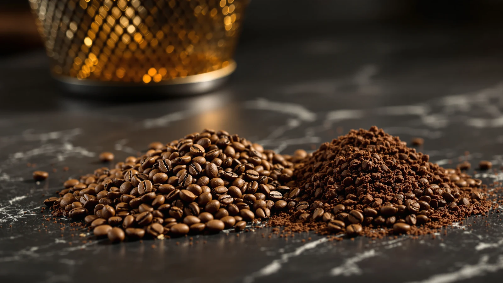 Two espresso portafilters side by side, one with dark roast grounds and one with light roast grounds, on a home espresso machine