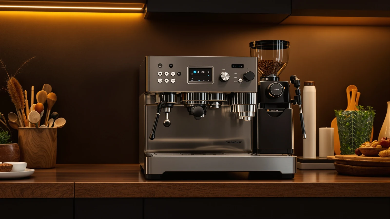 Dual boiler espresso machine and matching built-in grinder bundle on a kitchen counter