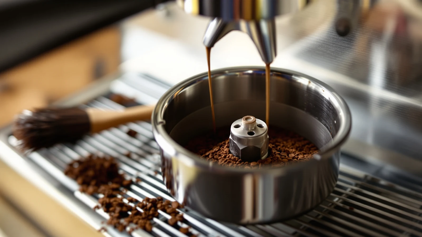 Close-up of a built-in espresso machine grinder chute with coffee beans visible above the burr chamber