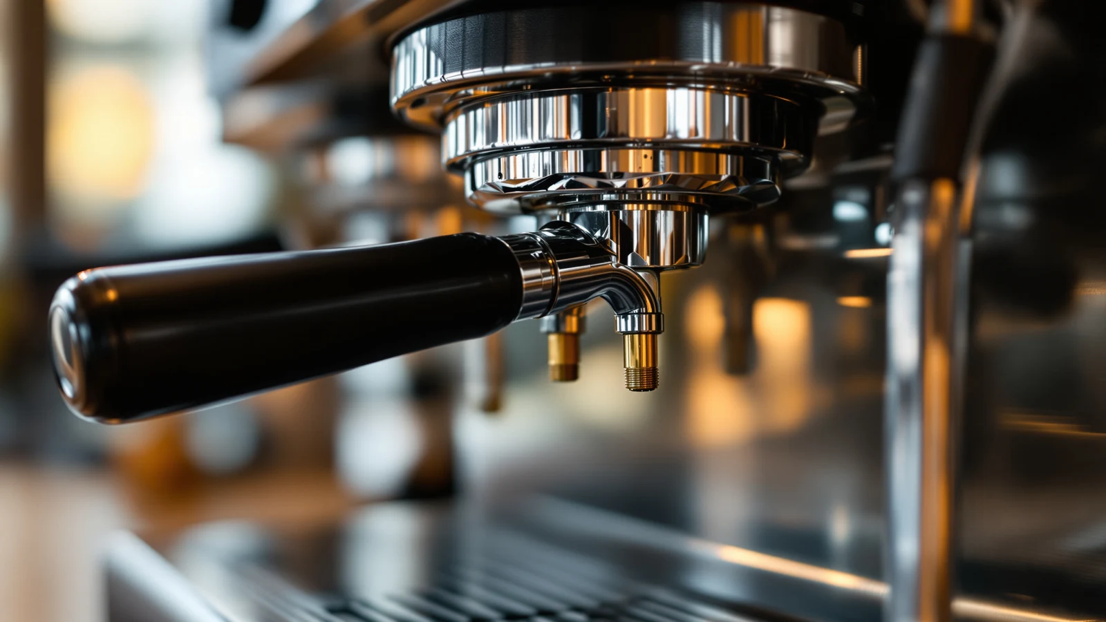Close-up of an espresso machine group head and portafilter mid-extraction, with a pressure gauge visible on the housing