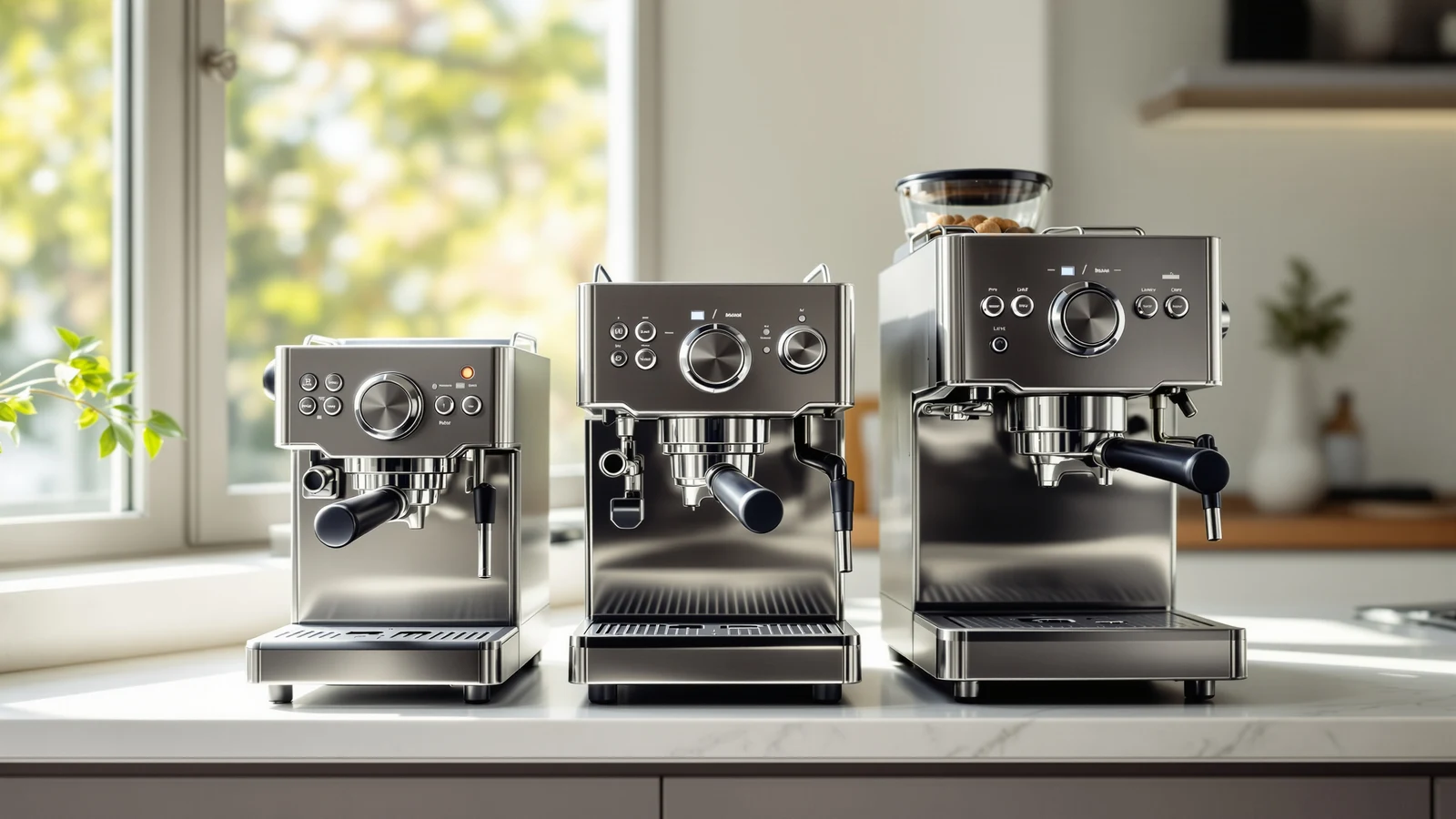 A first-time buyer comparing espresso machine boxes and spec sheets on a kitchen counter before choosing one