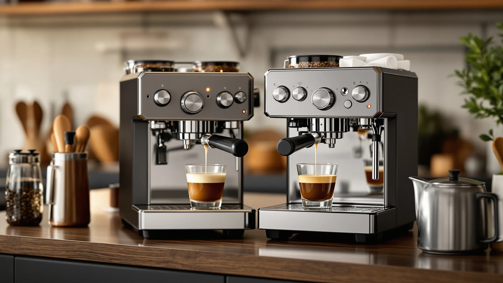 Two espresso machines side by side on a counter, one pulling a shot while steaming milk at the same time