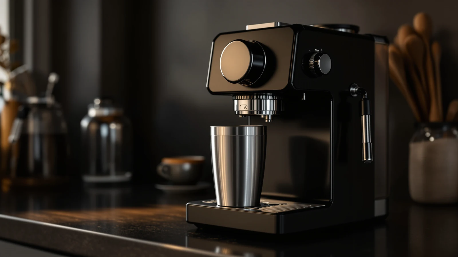 Tall travel mug set on a counter next to a compact espresso machine with its drip tray removed, checking the clearance under the spout