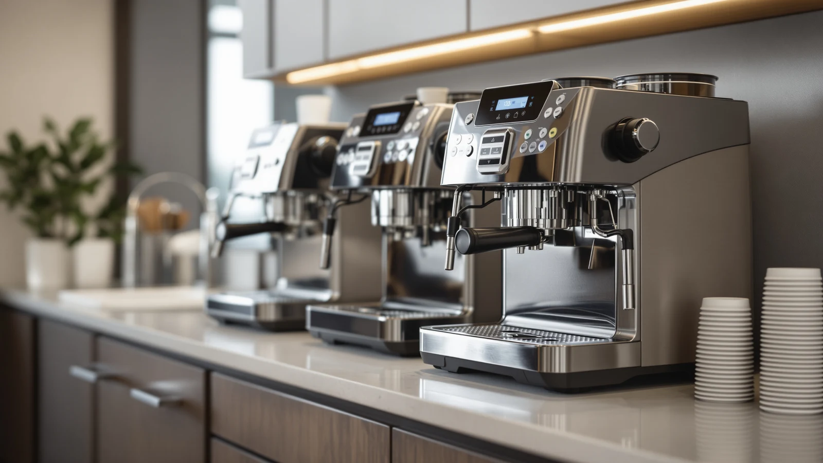 Espresso machine on an office break room counter with a short line of mugs waiting for coffee