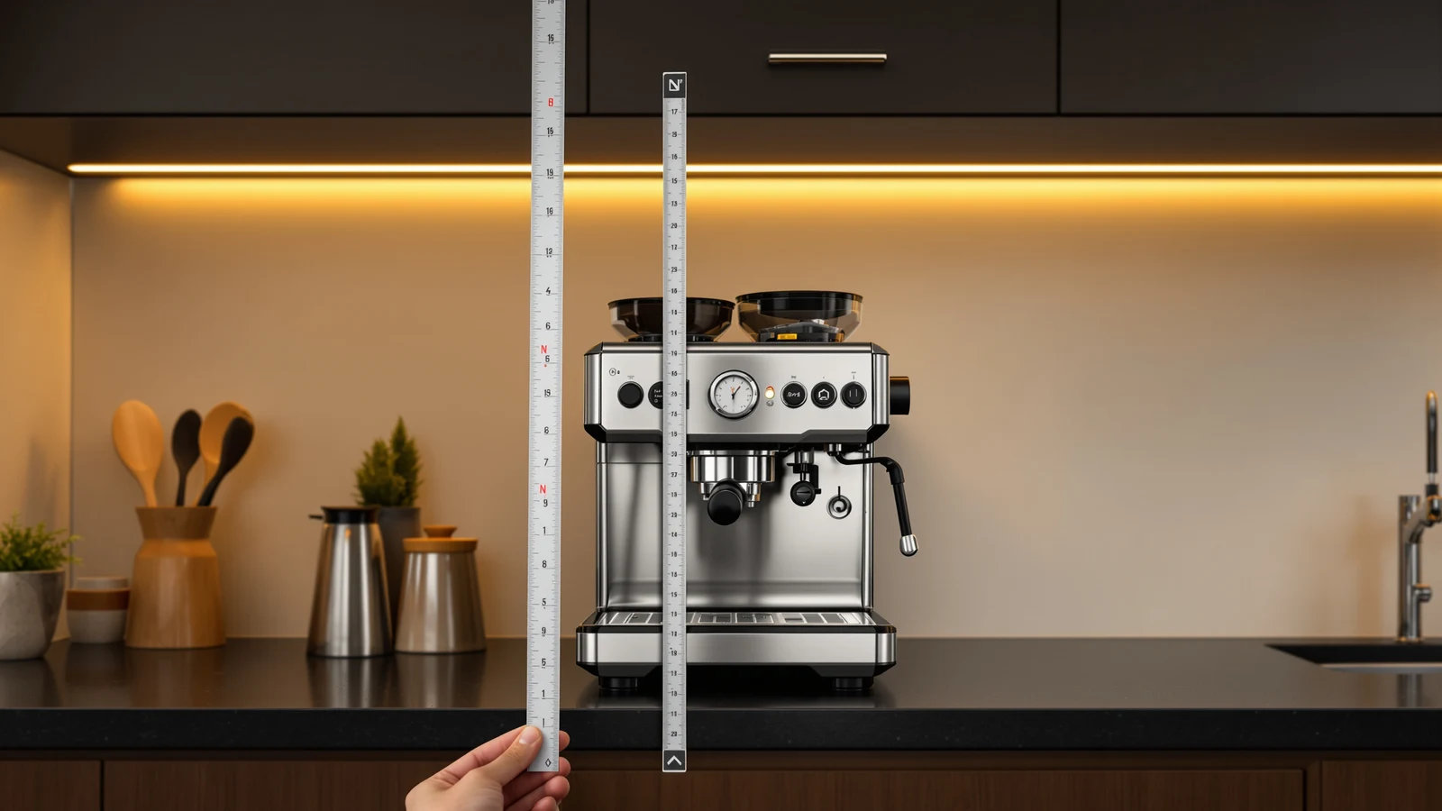 Espresso machine positioned under a kitchen cabinet with a tape measure showing the clearance gap above it