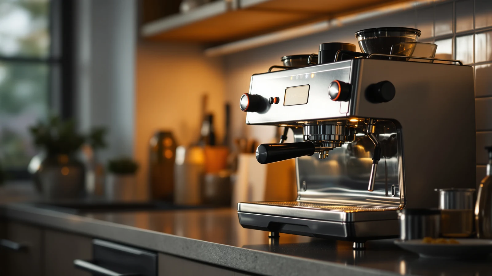 Espresso machine on a kitchen counter with steam rising, illustrating the sound of a morning brew routine