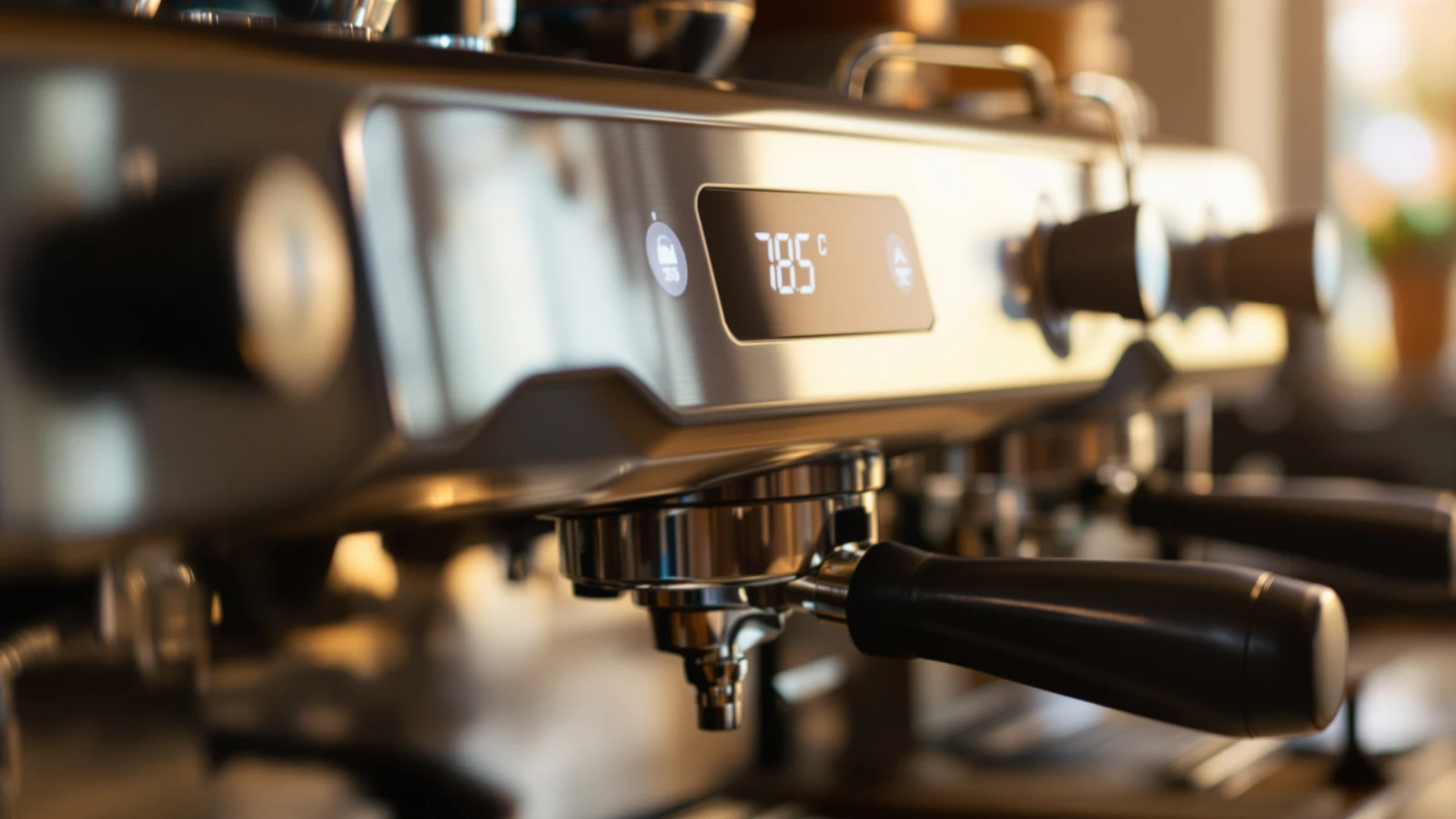 Espresso machine control panel showing a digital PID temperature readout above the group head