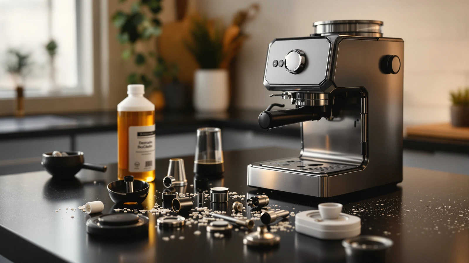 Espresso machine mid-cycle with steam rising, illustrating a self-clean or auto-descale program running