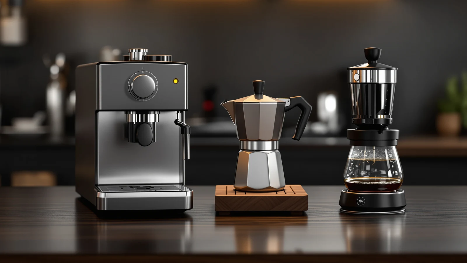 A pump espresso machine, a stovetop moka pot and an AeroPress lined up side by side on a kitchen counter
