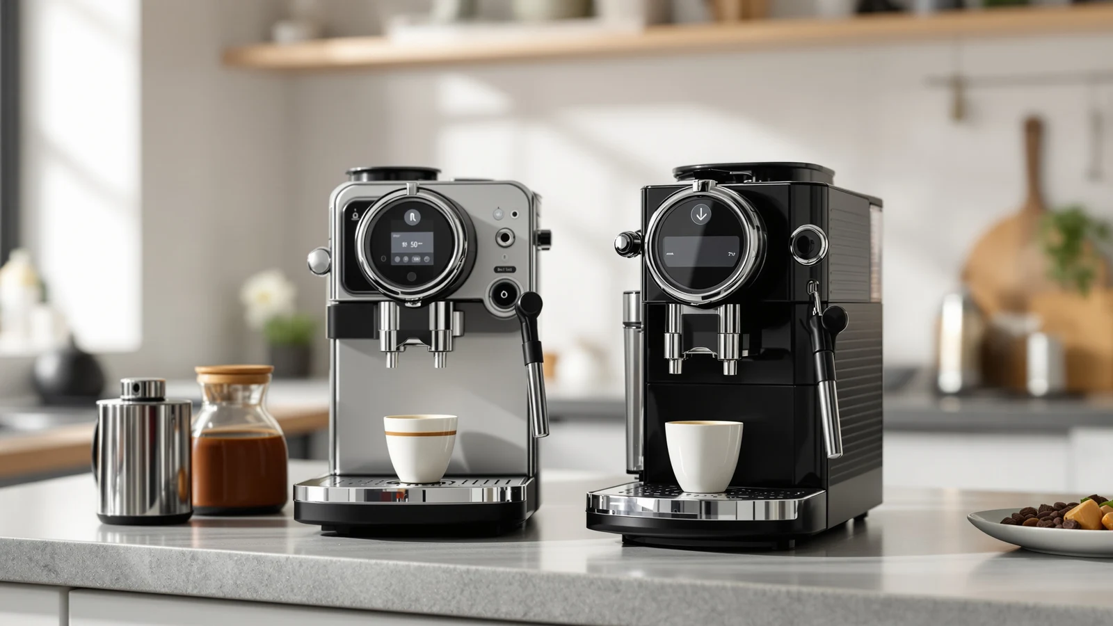A portafilter espresso machine next to a row of coffee capsules on a kitchen counter