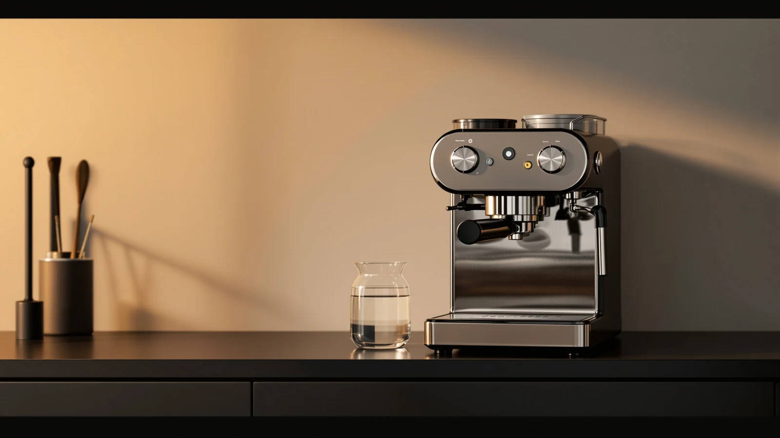 Descaling solution being poured into the water tank of a home espresso machine next to a glass of hard water with visible mineral residue