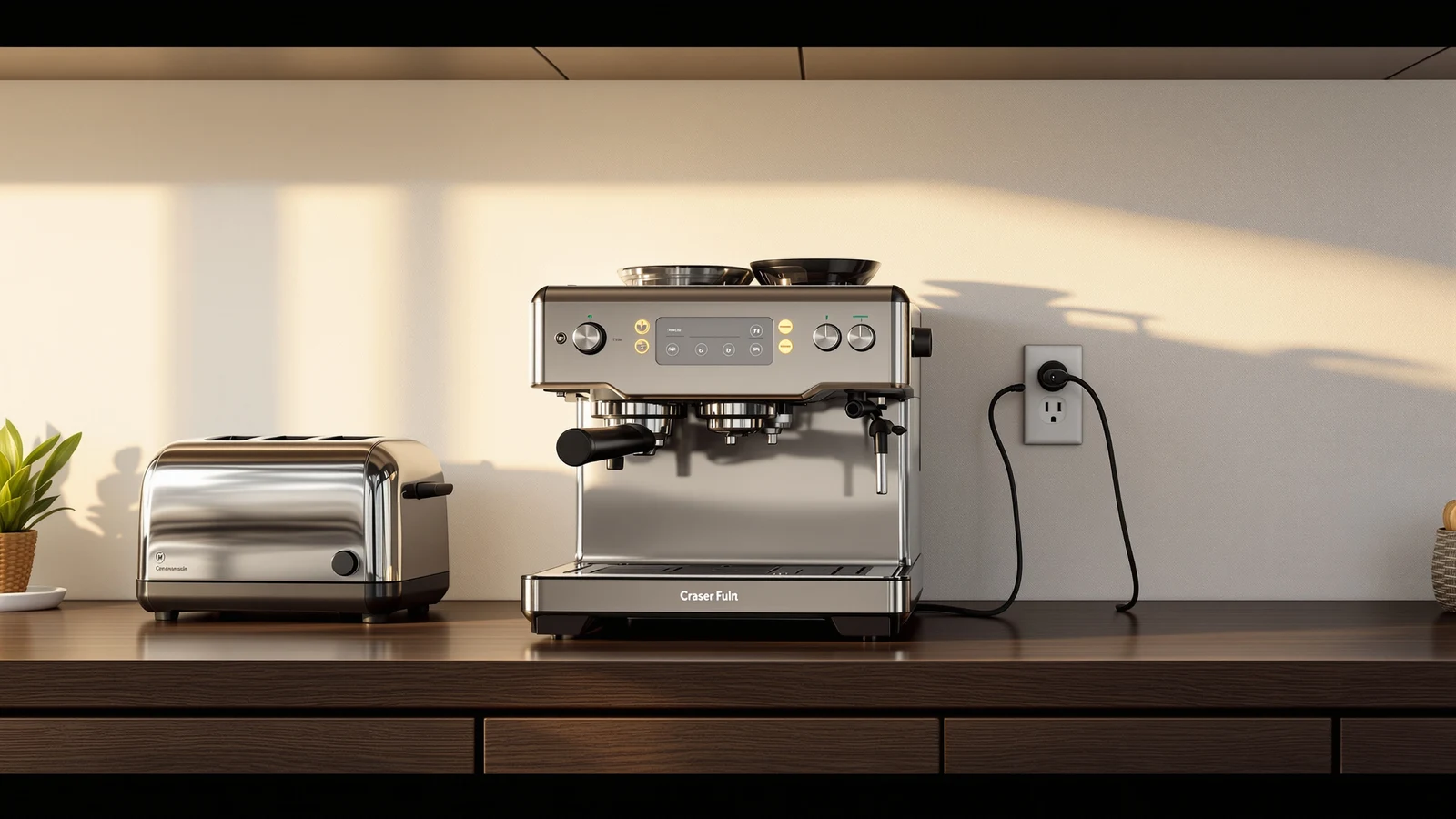 Espresso machine on a kitchen counter plugged into an outlet shared with other small appliances