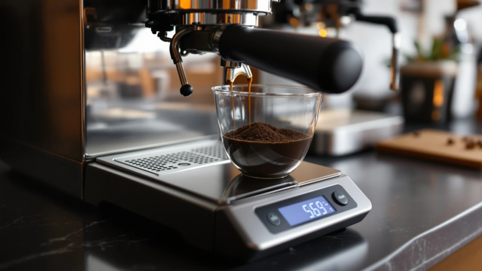 Espresso portafilter with fresh ground coffee being weighed on a digital scale next to a home espresso machine