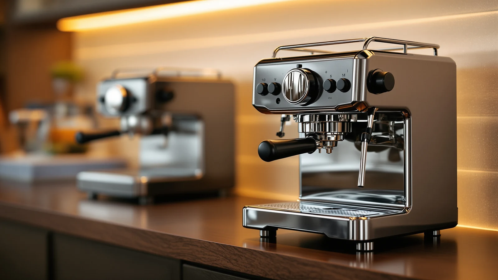 Three home espresso machines side by side on a counter, one in brushed stainless steel with an Italian heritage badge, the other two unbranded direct-to-consumer designs