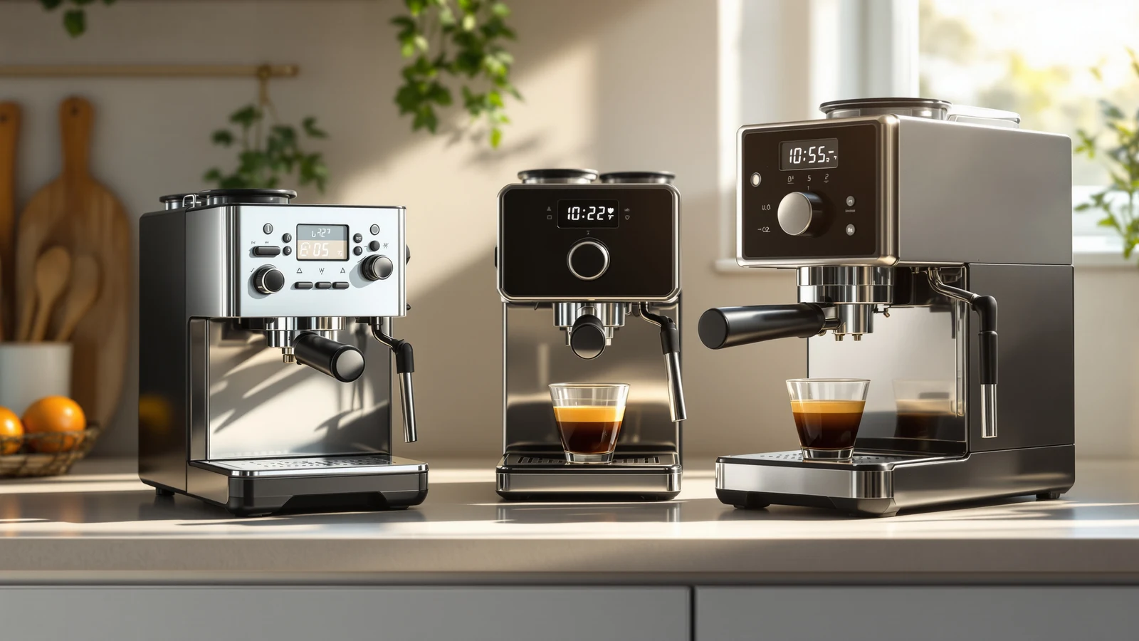 Three compact budget espresso machines lined up on a kitchen counter, none over eighty dollars