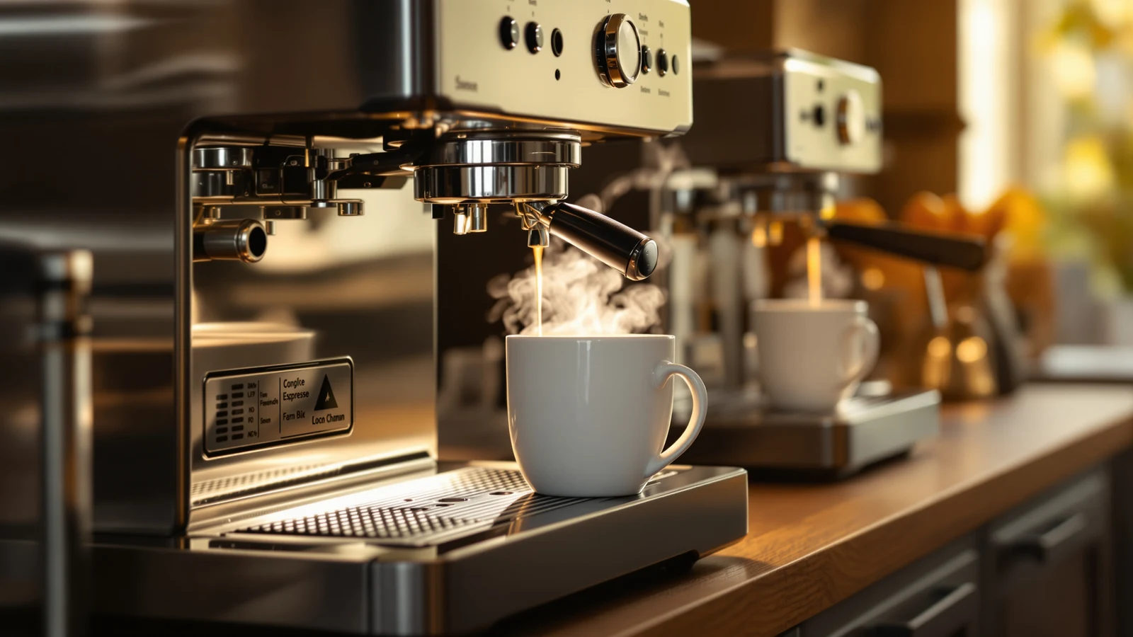 Espresso machine dispensing hot water from a separate spout into a mug beside a portafilter