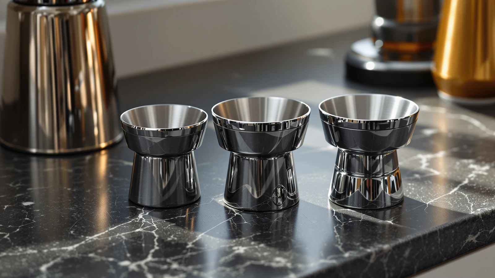 Espresso portafilter with basket removed next to a stack of baskets in different diameters
