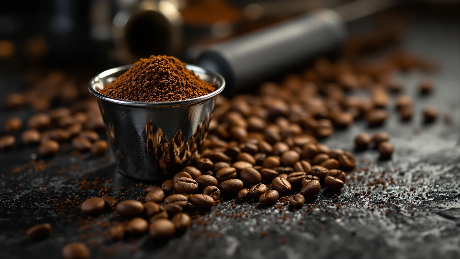 Fresh espresso beans and a portafilter of ground coffee on a kitchen counter beside a grinder