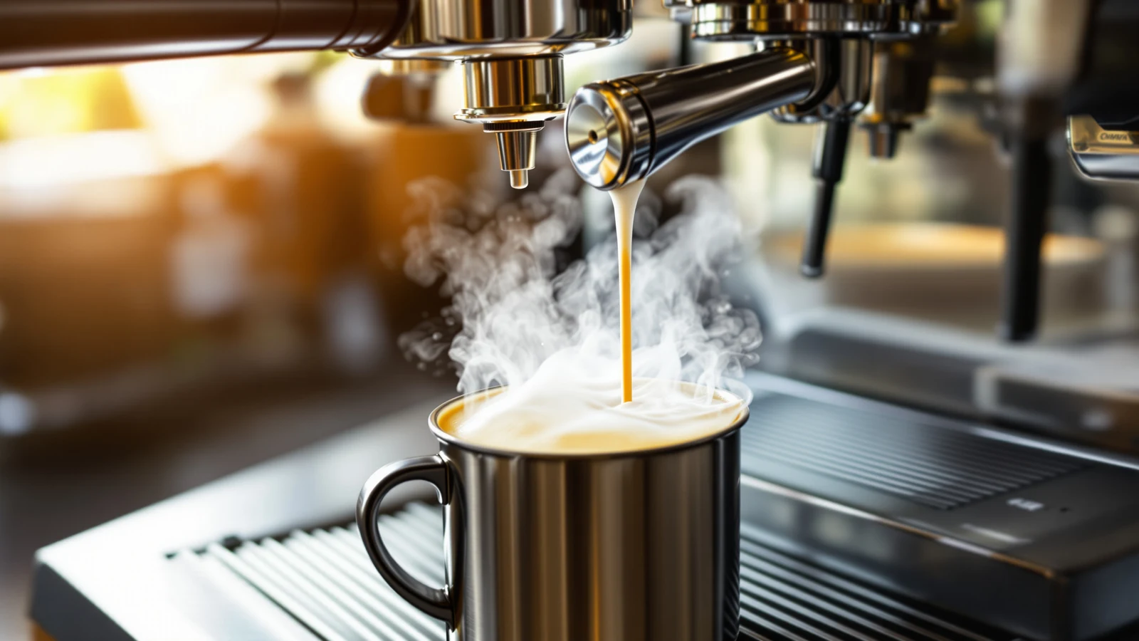 Steam wand texturing milk in a stainless steel pitcher beside a home espresso machine