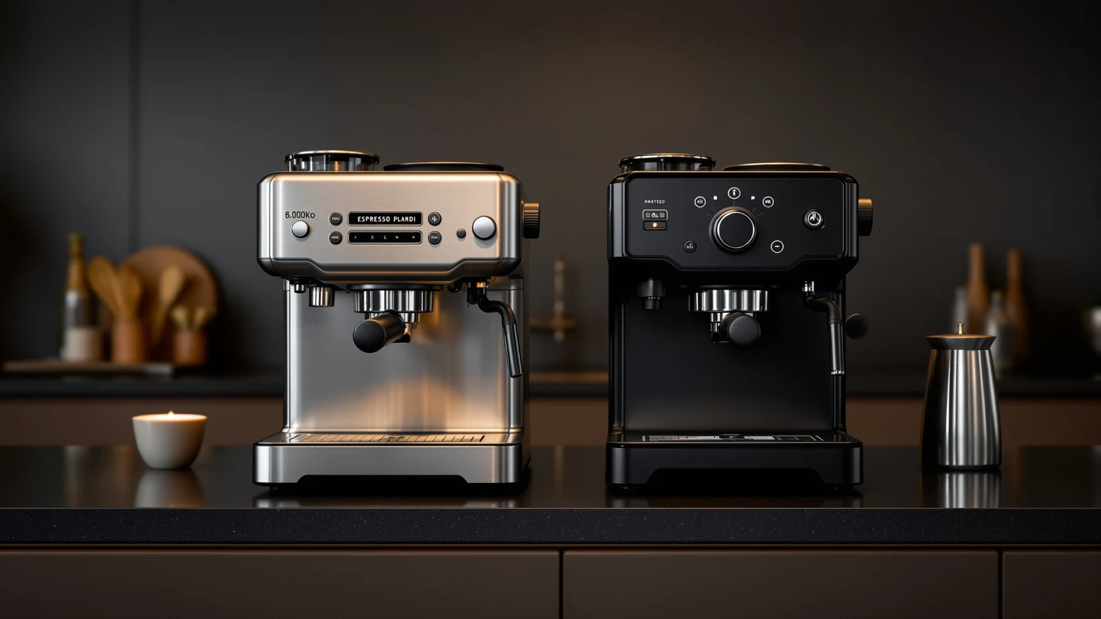 A legacy-brand espresso machine and a direct-to-consumer espresso machine side by side on a kitchen counter