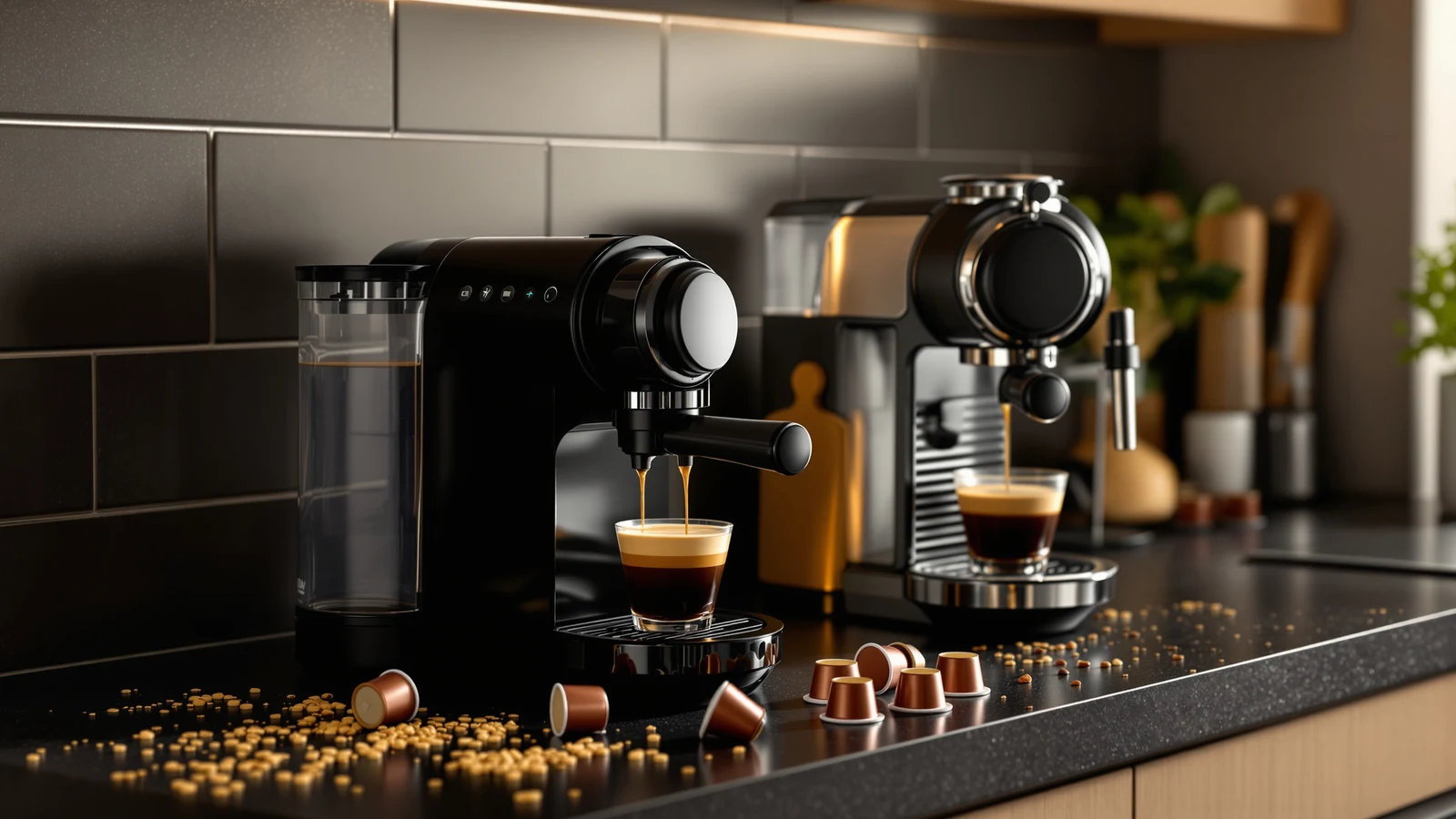 A Nespresso Vertuo capsule pod machine and a larger coffee-and-espresso hybrid machine side by side on a kitchen counter