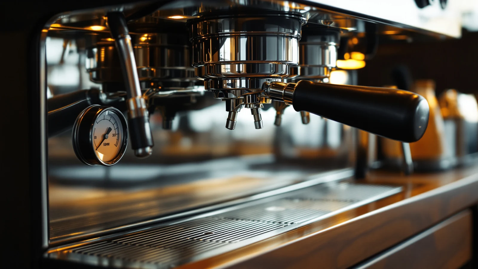 A dual-boiler espresso machine with a wide 58mm portafilter and a visible pressure gauge on a kitchen counter