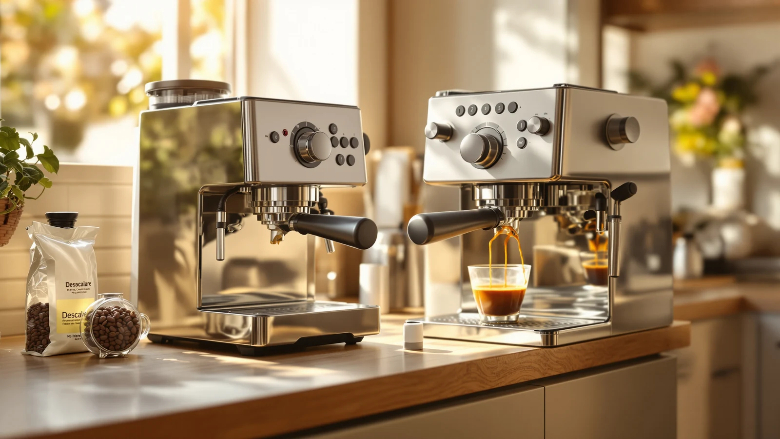 Espresso machine, bag of beans, descaling bottle and a water filter cartridge laid out on a kitchen counter