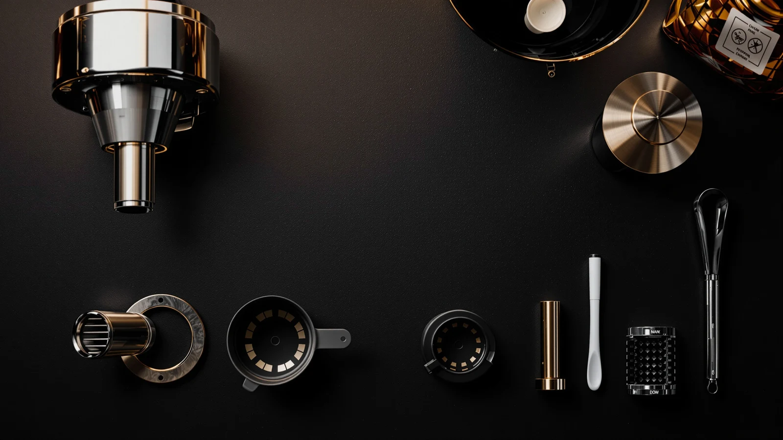 An espresso machine box opened on a kitchen counter with a portafilter, baskets, a tamper and a scoop laid out beside it