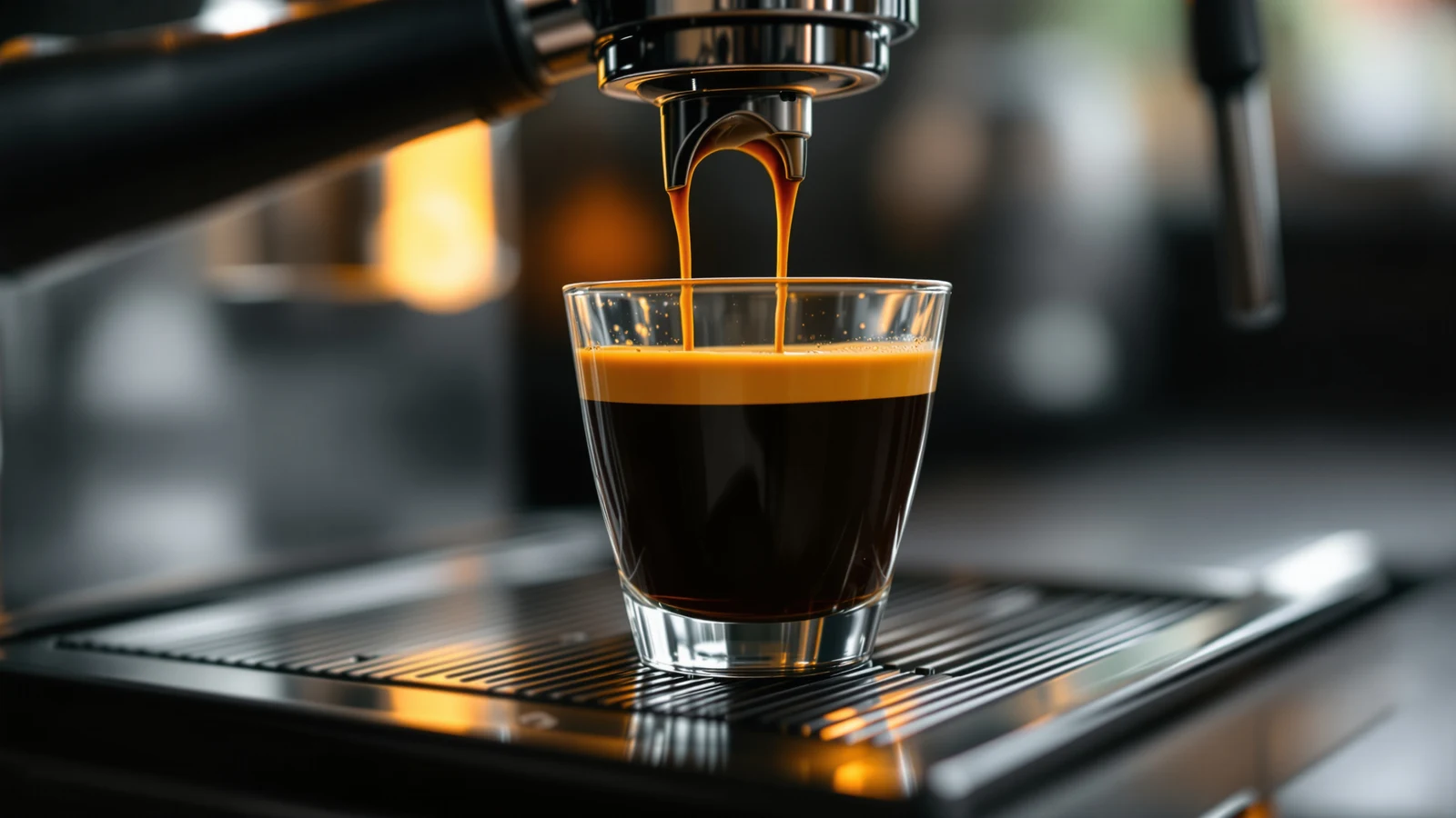 Espresso shot pulling dark and slow into a small cup, a sign of over-extraction